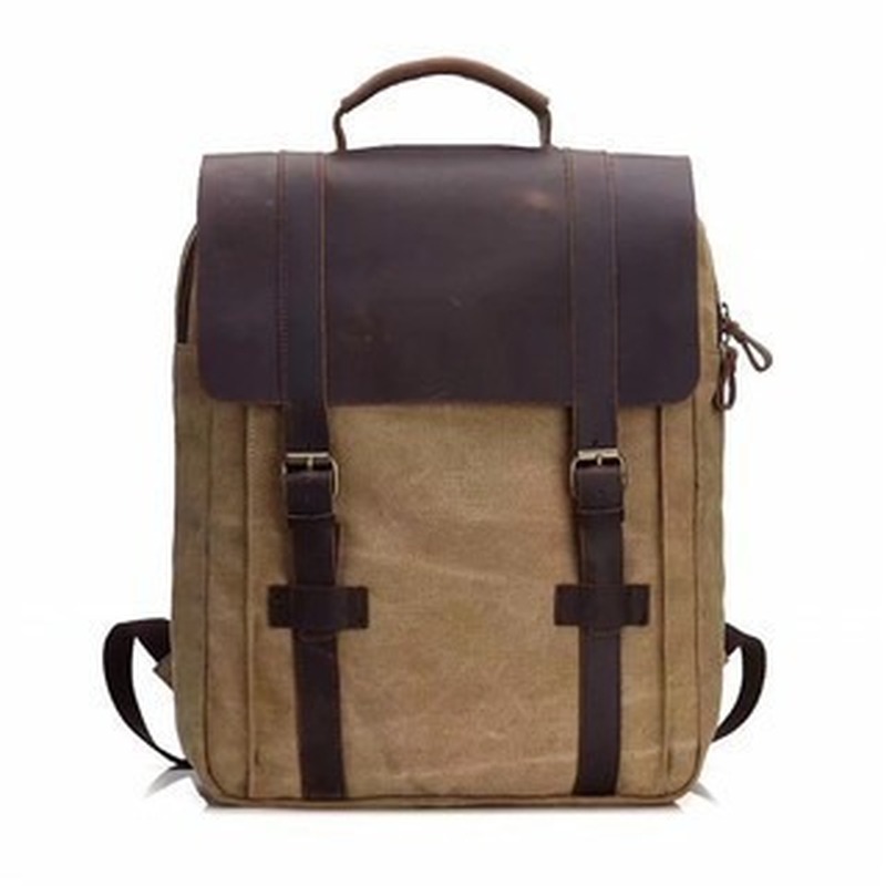 Canvas Backpack Casual - ファッショントレンドバックパックスクールバッグメンズカジュアルキャンバストラベルレトロワイルドホースレザーダブルショルダーバッグレトロキャンバスバックパック