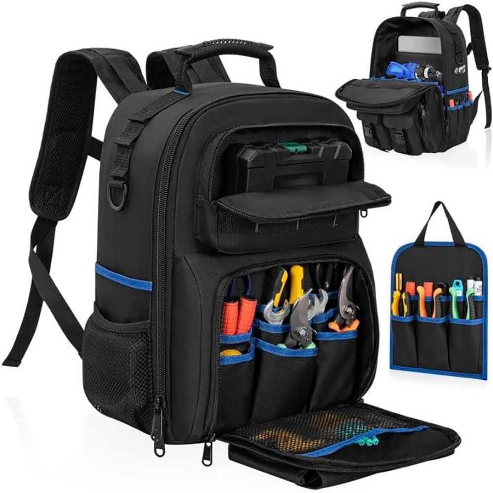 Backpack Insert Organizer - 高耐久性ジッパー付きツールバックパック。プレミアムYKKジッパーと強化されたストレスポイントを備えています。耐久性のある900Dポリエステル製で、パッド入りのバックパネルと人間工学に基づいたショルダーストラップを備えています。内部オーガナイザーには10個のツールポーチと6個の弾性ループが付いています。電動工具に最適です。