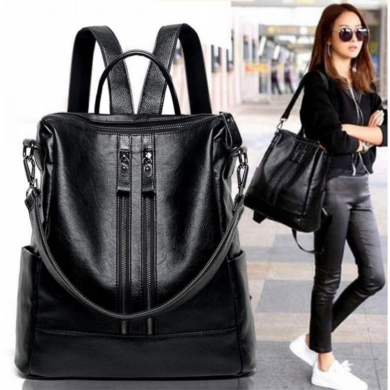 Fashion Backpack Women - 女性ソフトレザーバックパックスクールブラックカジュアル多機能カレッジバッグ大容量ショルダーバッグトラベルトートバックパック