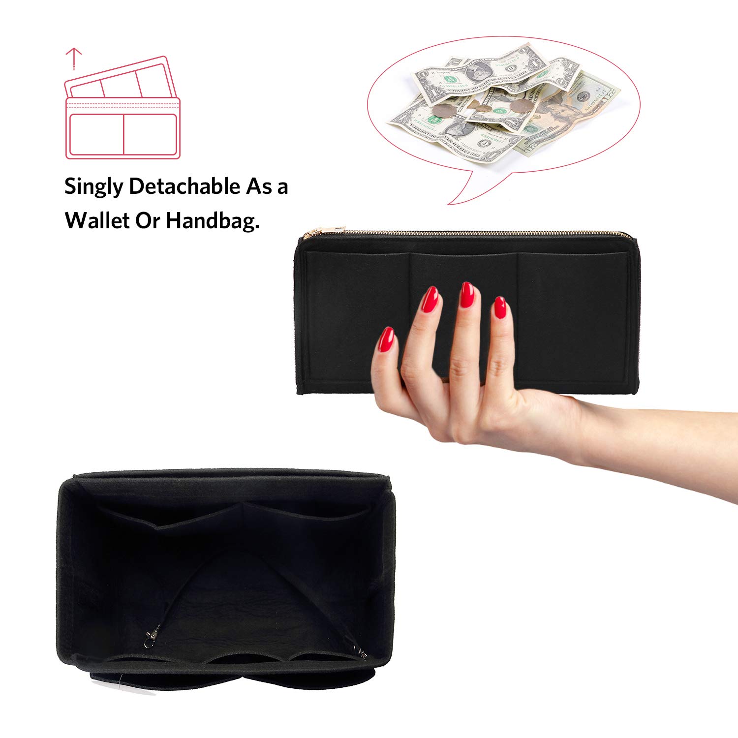 フェルト財布オーガナイザーインサート - ジッパー付きトラベ - Backpack Insert Organizer のレビューと価格